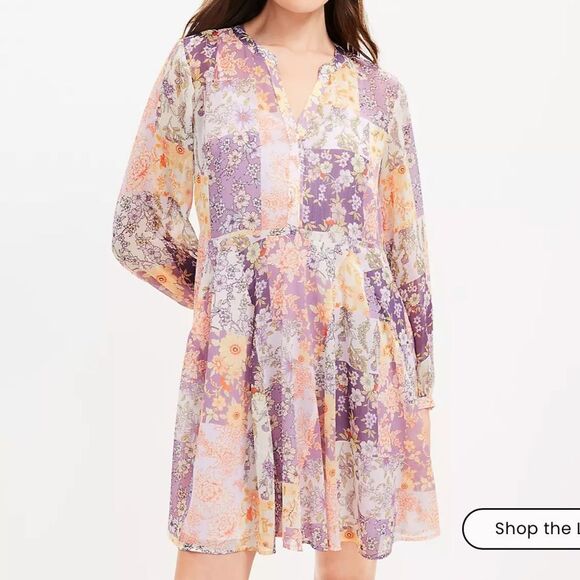 Loft Floral Godet Split Neck Swing Dress size M - Picture 1 of 3